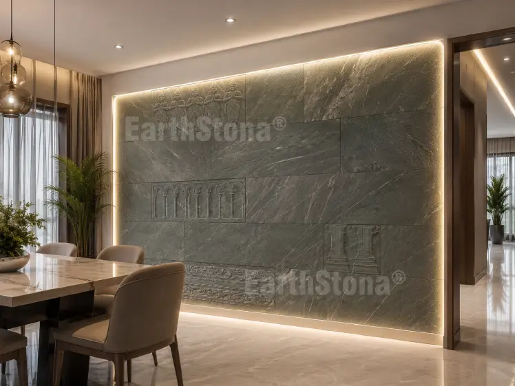 EarthStona Imperial Green Verde Heritage natural stone wall carving design with white rays and luxury texture